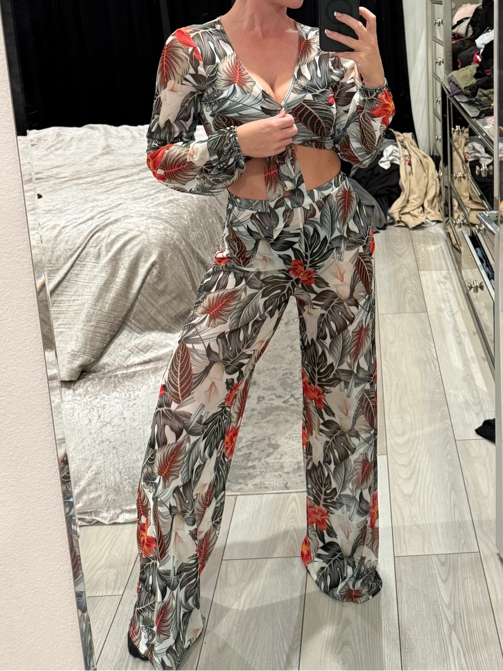 Tropical Leaf Print Wide-Leg Jumpsuit - Red & Green